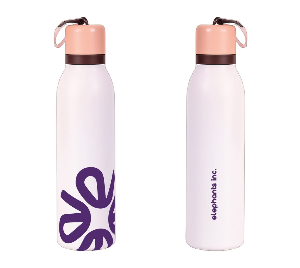 Two white water bottles with pink caps and purple designs on a white background